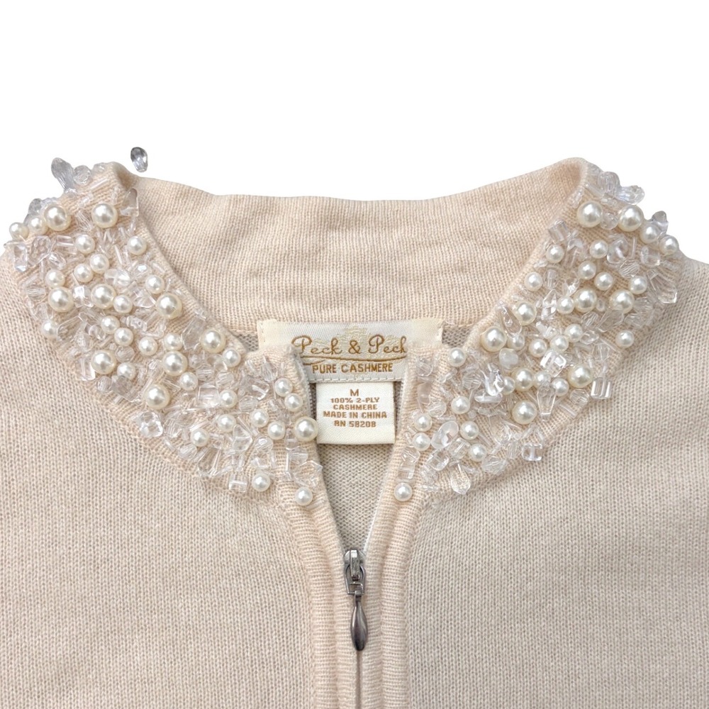 VTG Peck & Peck Cashmere Beaded Pearl Embellished Zip Cardigan Sweater M Cream - Picture 3 of 8